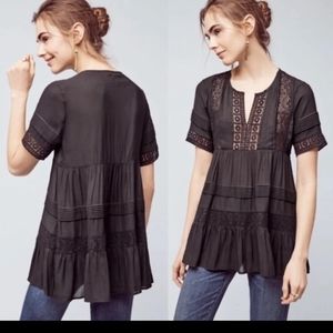 Anthropologie Maeve black tiered lacy V neck tunic top size M